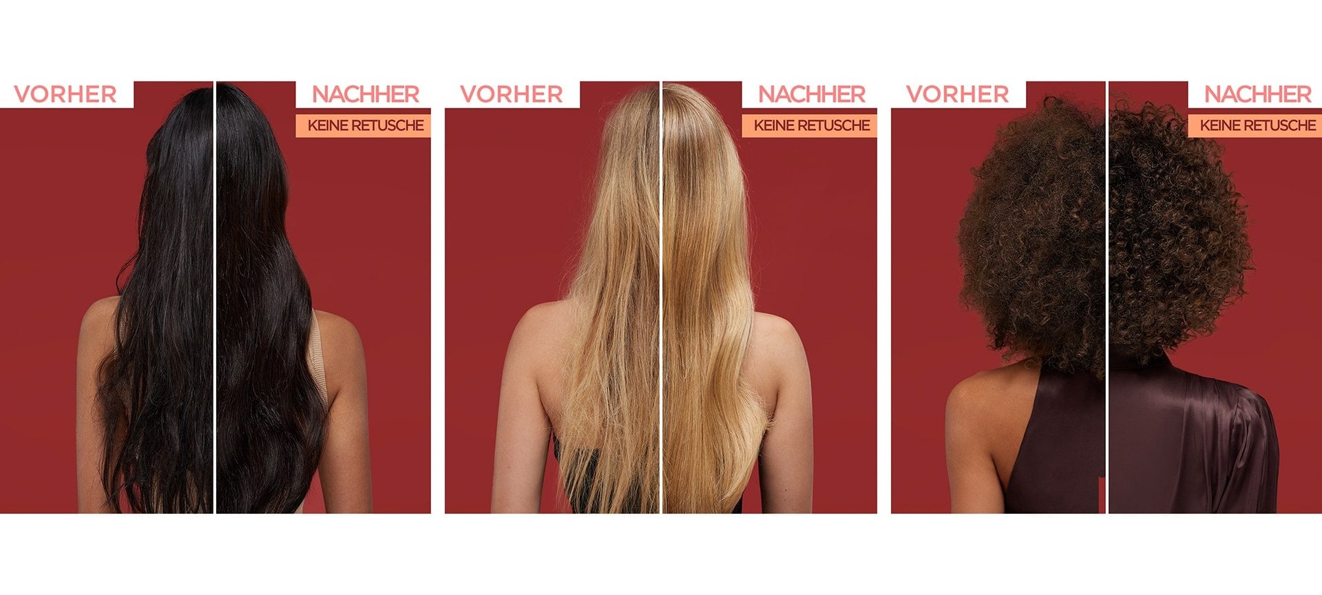Anwenungsbeispiele vorher / nachher mit schwarzen, blonden und lockigen Haaren